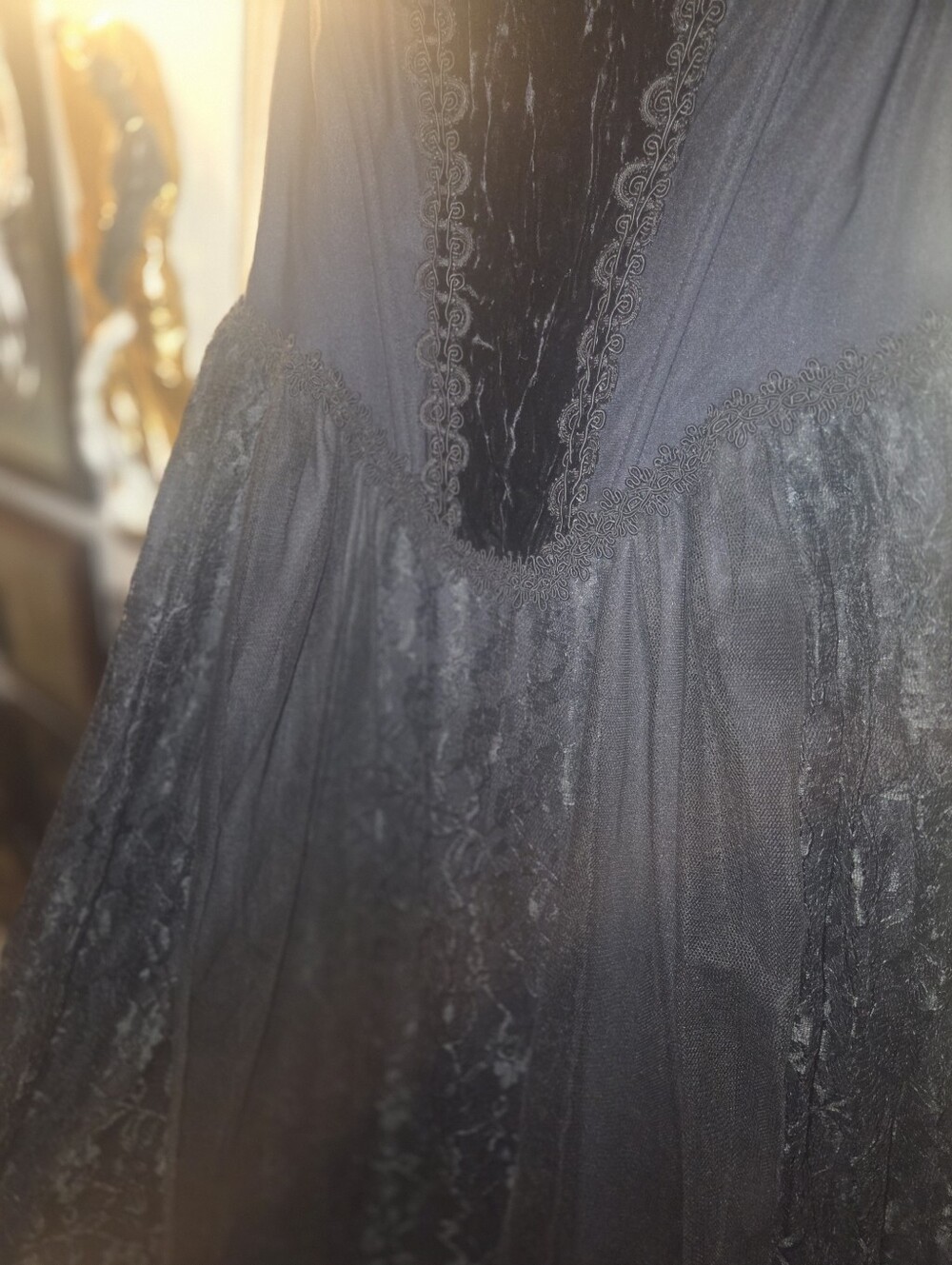 Vintage 90s Goth Tripp NyC Maxi Corset Dress Black Lace, Velvet, Princess Vamp - Picture 11 of 14